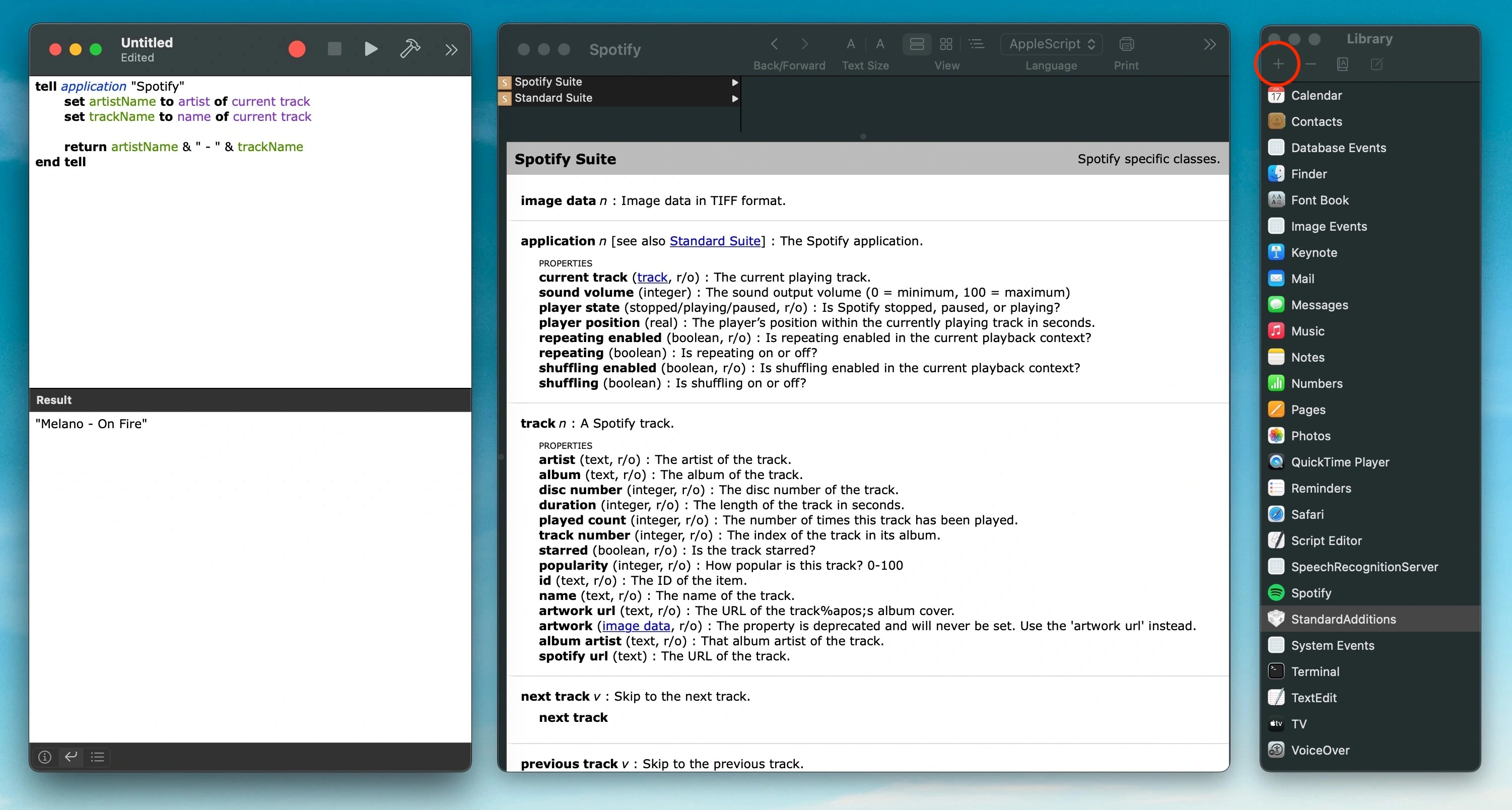 Script Editor in macOS with the library window open which displays the documentation of Spotify’s AppleScript API